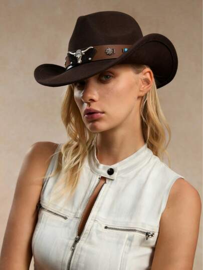 Women's Hat, Featuring A Brown Wide Belt And Silver Metal Bull Head Decoration, A Fashionable Heart-Shaped Wide-Brimmed Felt Hat, Suitable For Parties And Outdoor Games, With A Western Cowboy Style That Is Suitable For Both Men And Women.