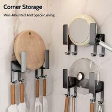 FOOKE 1pc Milk White/Grey Multifunctional Kitchen Organizer Rack, Wall-Mounted Pot Lid Rackcutting Board Shelf Self-Adhesive Carbon Steel Pot Cover Storage Rack - Pot Lid Storage Hooks, Suitable For Adhering To Cabinets Or Walls To Save Space In The Kitchen, Holds Flat Pans And Baking Sheets - Multicolor - View 4