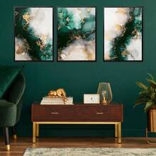 Juego de 3 impresiones de pintura de tinta fluida verde y dorada, decoración de arte de pared para la sala de estar, sin marco incluido - Multicolor - Ver 8