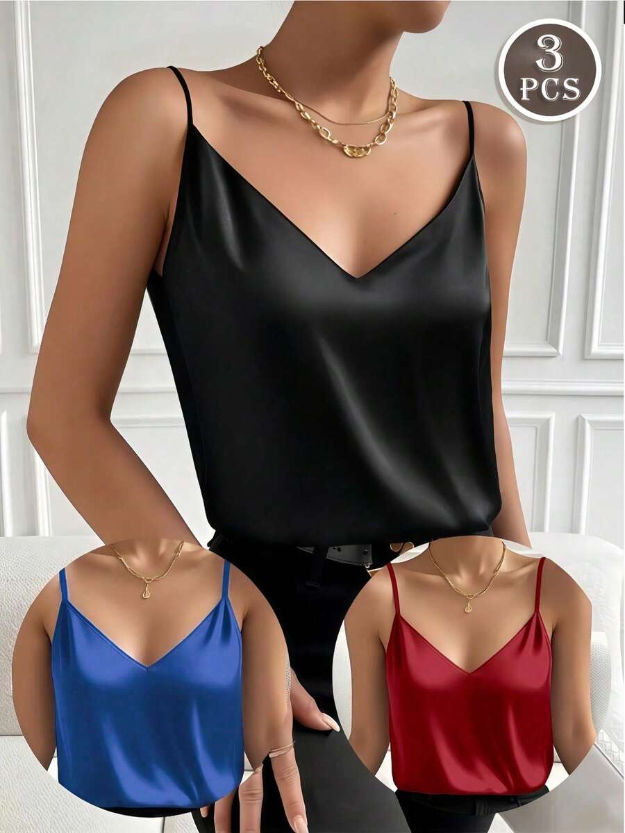 3 chiếc áo hai dây màu trơn, vải lụa thoáng khí thoải mái, thích hợp mặc nhiều lớp hàng ngày - Nhiều màu - Xem 1