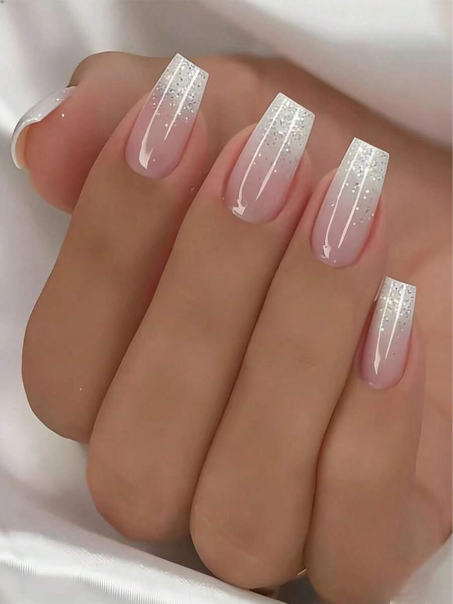 Bộ 24 móng tay giả hình quan tài, móng giả màu trắng ombre lấp lấp lánh, kèm 1 dũa móng và 1 gel dán, thích hợp cho nữ và bé gái sử dụng hàng ngày hoặc trong dịp Lễ Tình nhân. - trắng - Xem 1