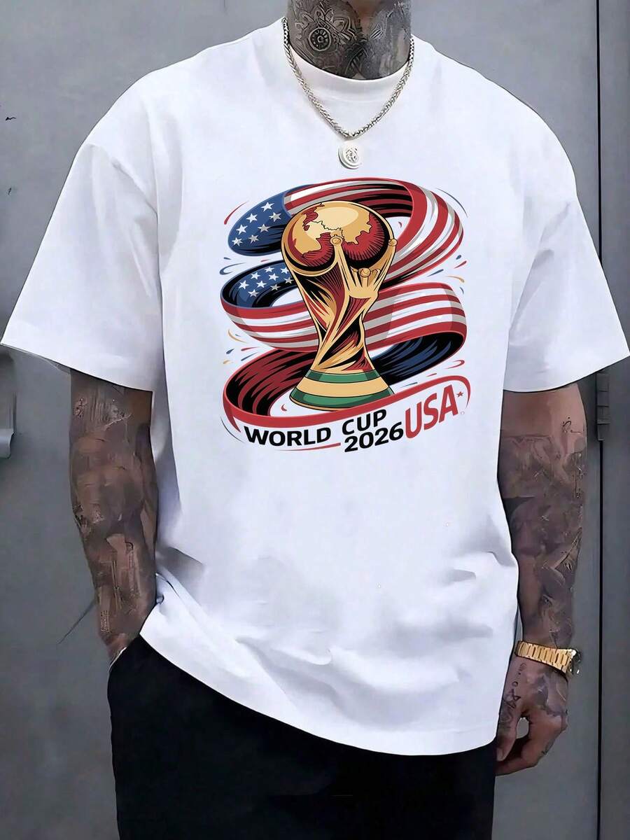 Men'S Soccer Ball & 2026 FIFAs WORLD CUP Graphic T-Shirt - Lightweight Breathable Fabric, Regular Fit Crew Neck Short Sleeve Casual Sportswear For, Training, Soccer Shirt, Athletic Apparel, Sporty Design, Comfortable Fit, Athletic WearRelaxed T-Shirt,Men Pure Cotton Soccer Players Soccer USA Team Graphic Sports Soccer Round Neck Short Sleeved Casual T-Shirt - 白色7 - 查看 1