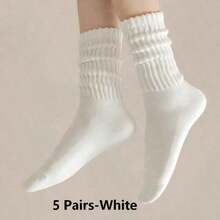 3 Pairs Autumn/Winter Solid Color Thick Warm Crew Socks, Yoga Socks, House Socks - White - View 5