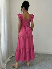 Summer Square Neck Backless Smocked Dress Women's Sleeveless Ruffle Trim Tiered Cami Midi Beach Vacation Dress - 玫紅色 - 查看 6