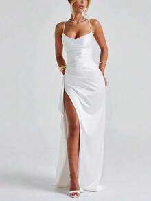 Sy-Elegant Sexy Satin Strapless Off Shoulder Frill Trim Waist Party Dress, Bridesmaid Dress, Formal Gown. - 棕色 - 查看 10