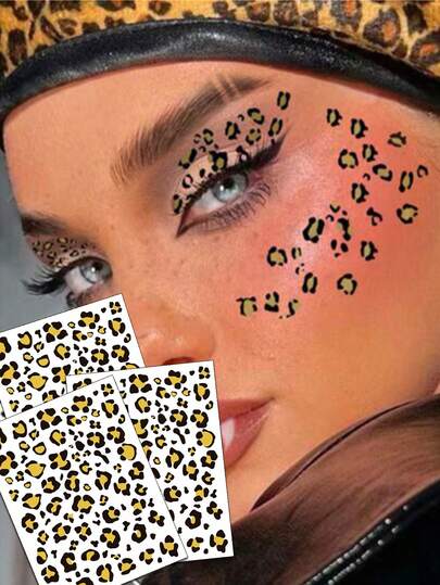 3pcs Vintage Rave Festival Music Temporary Leopard Print Face Tattoo Stickers, Leopard Makeup Stickers For Christmas, Y2K, Cosplay, Photography Props, Suitable For Eye Makeup, Stage Makeup, Festivals, Parties
