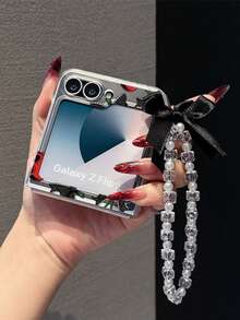 1PC Fashion Matte PC Material Simple And Cute Cherry Skull Element Folding Phone Case, Paired With Same Color Bracelet, Can Protect And Prevent Falling: SamsungGalaxy Zflip 3/Zflip 4/Zflip 5/Zflip 6/Zflip 7/ Find N3 Flip/ Razr 50 Ultra/ Razr 60 Ultra/ Rallazar 60/ Razr 50/XiaomiMIX Flip/Galaxy Z Flip7 FE - Clear - View 4