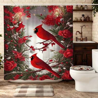 "Christmas Red Cardinal Wreath Shower Curtain, Two Red Cardinals On Pine Wreath With Red Roses Berries Pattern Waterproof Mildew Resistant Polyester Curtain With Hooks, Festive Christmas Themed Bathroom Decor For Home, Winter Holiday Restroom Decoration Gift"