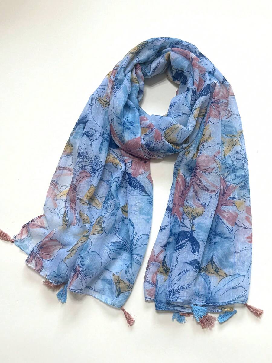 1条女士简约印花围巾，时尚围巾，新款防晒沙滩披肩，亚麻质感女士披肩 - 藍色 - 查看 1