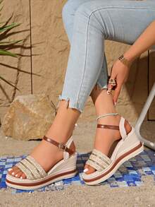 Women's Straw Platform Sandals - Gold Metal Strap Decor, Thick Sole Flattering Design, Summer Beach Vacation Shoes - Beige - View 4