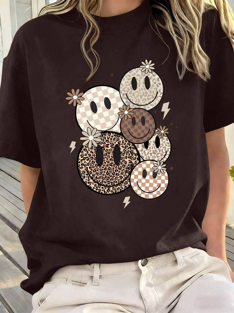 Camiseta de manga corta para niñas con estampado de cara sonriente, ropa infantil casual y de moda, prendas para niñas - Marrón - Ver 1
