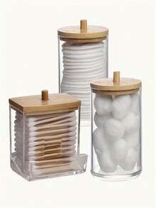 3件装棉签收纳盒，浴室台面收纳盒，10/7盎司棉球/棉签分配器，木质盖式收纳盒，适用于浴室收纳 - B - 查看 1