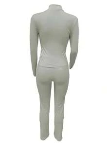 Autumn/Winter European And American Style Women's Fashion Zip-Up Cardigan, Fitted Top And Loose Wide-Leg Pants Set - Light Grey - View 3