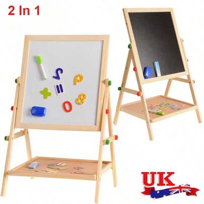 2 In 1 Wooden Magnetic Double Sided Easel Drawing Board, Blackboard & Whiteboard Set, Reusable Writing Painting Board For School Office Home, 65x37x35cm