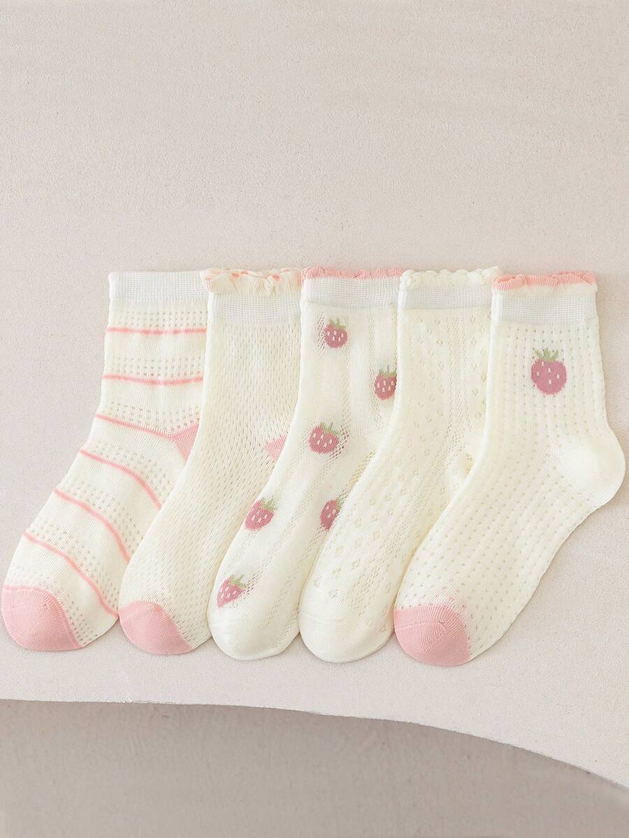 5 Pairs Girls' Strawberry Pattern Mesh Breathable Mid-Calf Socks, Spring/Summer New Arrival - Multicolor - View 1