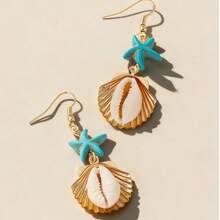 一对时尚波西米亚海洋风绿松石海星贝壳珍珠耳环，优雅迷人，适合节日、度假和日常佩戴。 - 金黃色 - 查看 10