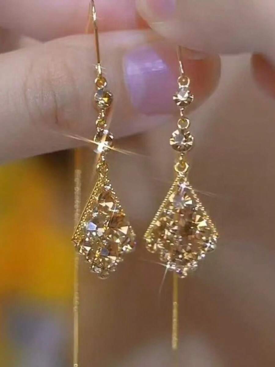 一对镶钻菱形长流苏耳环，新款独特设计，女士耳环，显瘦脸型