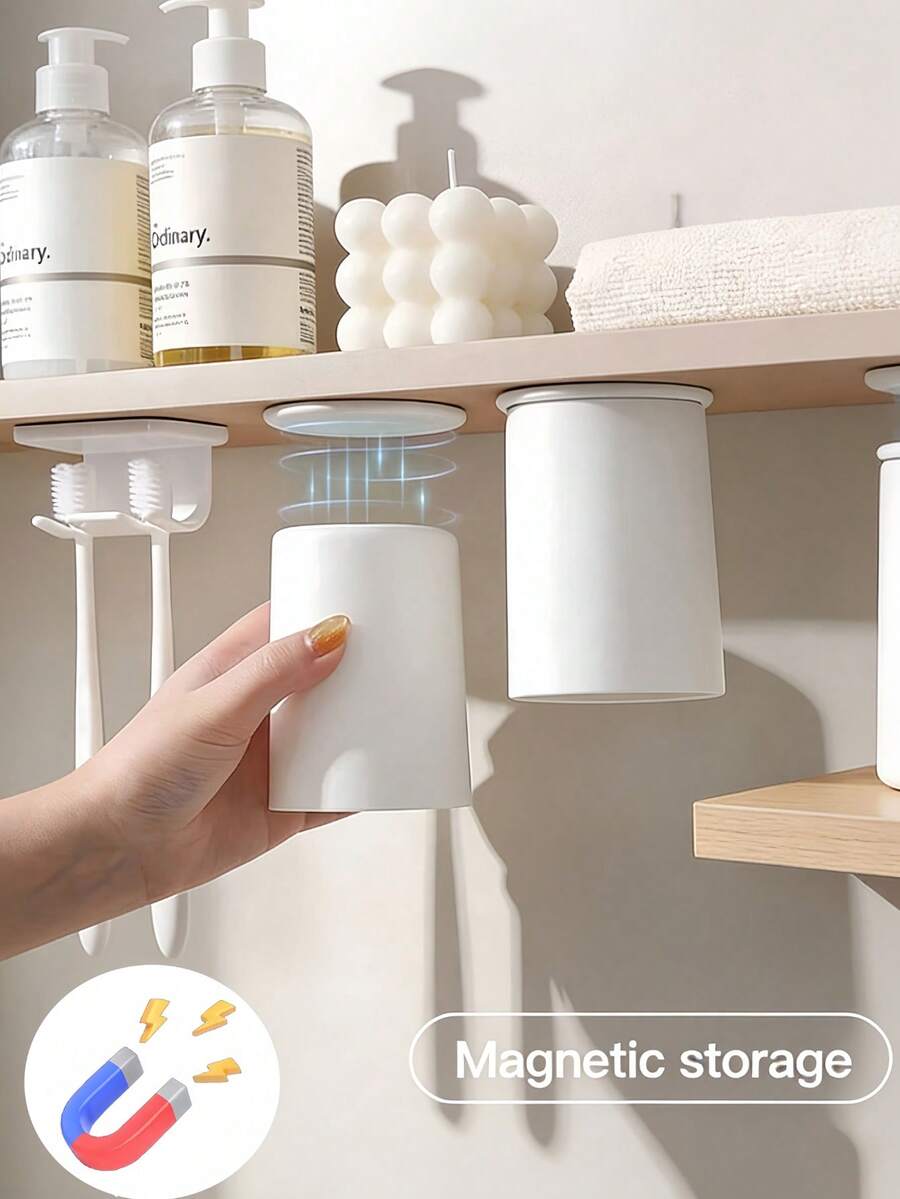 Magnetic Mouthwash Cup No-Drill Installation Wall-Mounted Brush Cup Storage Rack Hanging Toothbrush Cup For Sink Area Wash Basin Units Dormitory And RV Bathrooms Home Decor Countertop Essentials