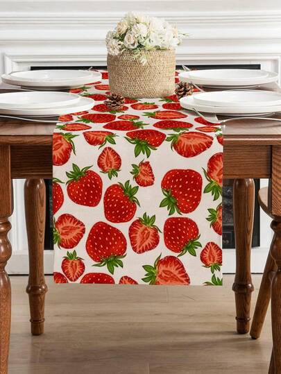 1 pieza Camino de mesa de limón de primavera y verano con frutas de primavera y verano, fresas, porcelana azul y blanca, estilo geométrico y campestre para decoración de mesa de cocina y comedor en el hogar