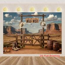 1pc Vintage Western Ranch Scene Backdrop Banner Decoration, Includes Wooden Fence, Cowboy Hat, Barrel And Desert Canyon Elements, 2D Printed In Rugged Retro Style, Suitable For Western Theme Party, Farm Theme Event, Halloween Costume And Photography Background, Outdoor Party Decor, Photo Booth Backdrop, Vintage Ranch Decor Banner, Holiday Celebration Decoration For Yard, Entrance, Porch, Welcome Background - B - View 2