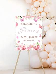 1pc Customized Welcome Sign, Pink Butterfly & Floral Decor, Personalized Birthday Party Decoration Board Prop - Multicolor - View 7