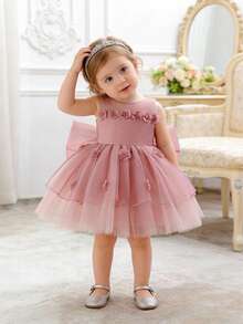 女童可爱大蝴蝶结薄纱公主裙，洗礼服，生日派对礼服，节日礼物 - 粉色 - 查看 3