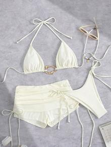 3pcs/Set Summer Sexy Solid Color Ruffled Halter Bikini With Drawin String, Beach Resort Swimsuit With Mesh Skirt - trắng - Xem 4