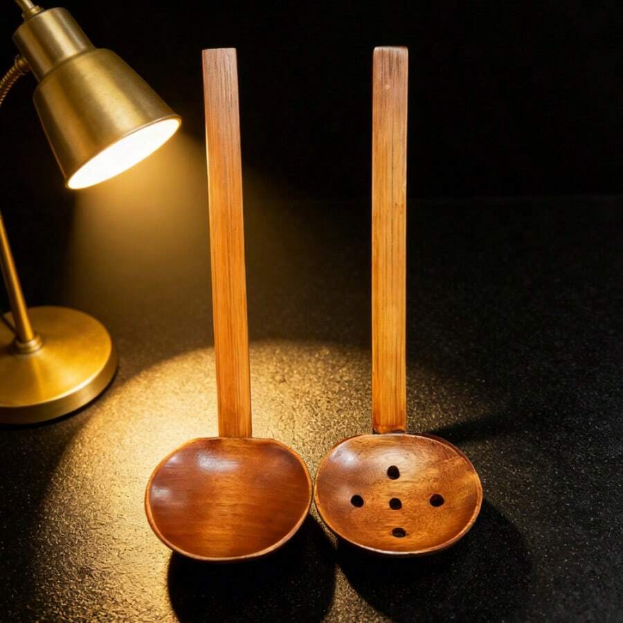 2pcs/Set Creative Turtle Shell Shaped Ladle, Japanese Wooden Long Handle Ramen Soup Spoon, Strainer Spoon, Suitable For Restaurant And Home Use - Brown - View 1