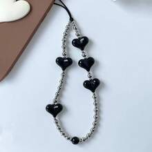 1条银/黑色金属珠心形手机挂绳，INS风手机带，钥匙扣，包包挂饰 - 黑色 - 查看 1