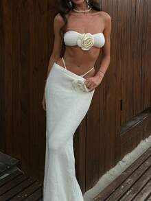 Vivid Style 女士镂空花卉波西米亚风沙滩露脐吊带短上衣和高腰长裙套装，适合海滩度假、派对、时尚、优雅、浪漫的夏季装扮 - 杏色 - 查看 5