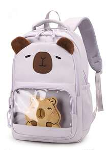 1pc 3D Capybara Embroidery + Transparent PVC Window Nylon Waterproof Large Capacity Multi-Compartment Zipper Closure Cute & Playful Backpack, Suitable For Students And Daily Commute - Multicolor - View 17