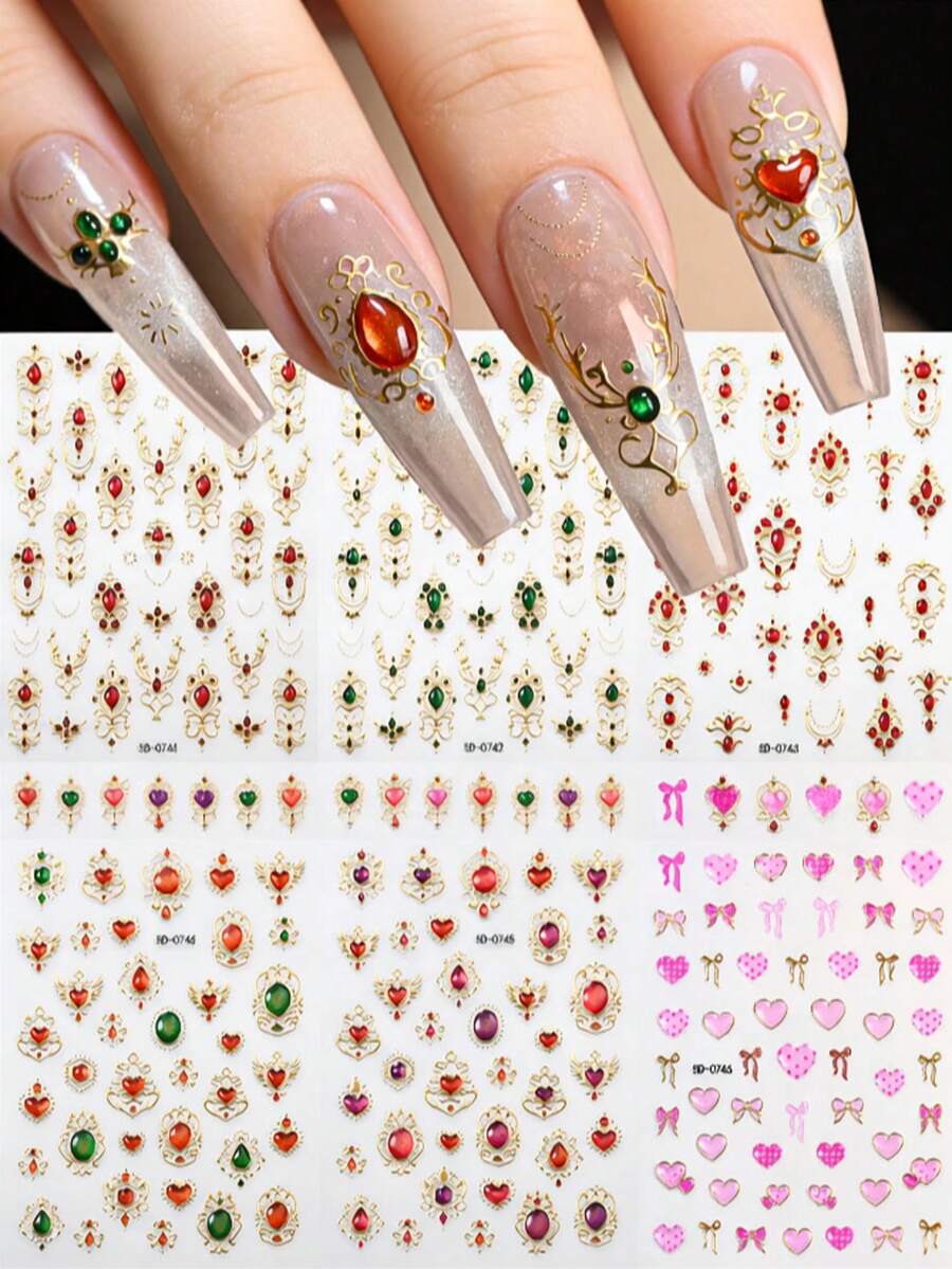 1 Peça Adesivos de Unha Cetro Barroco Vintage Vermelho/Verde, Decalques de Unha com Colar de Coroa de Pedras Preciosas Luxuoso, Adesivo de Manicure Elegante Autoadesivo