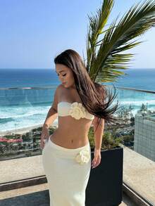 Vivid Style 女士镂空花卉波西米亚风沙滩露脐吊带短上衣和高腰长裙套装，适合海滩度假、派对、时尚、优雅、浪漫的夏季装扮 - 杏色 - 查看 9