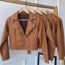 Jaqueta Feminina Estilo Biker em Couro Sintético com Zíper Diagonal e Detalhes em Metal – Moderna, Elegante e Atemporal - Caramelo - Visão 2