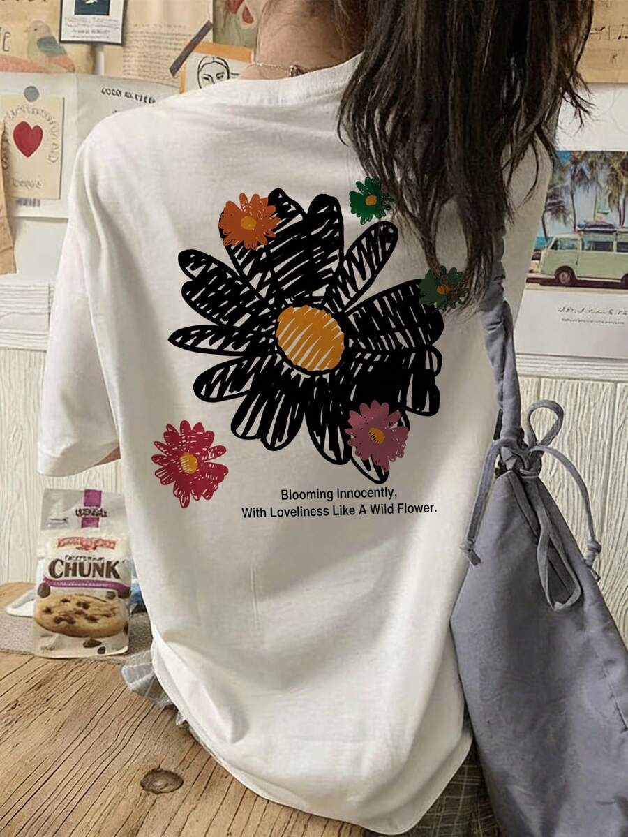 Women's Loose Fit Round Neck Short Sleeve Letter & Floral Print T-Shirt, Spring/Summer Casual White - White - View 1