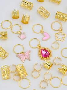 45件/套 女士编织心形吊坠发饰，粉色心形蝴蝶皇冠吊坠发夹，圣帕特里克节心形发圈 - 金色 - 查看 5