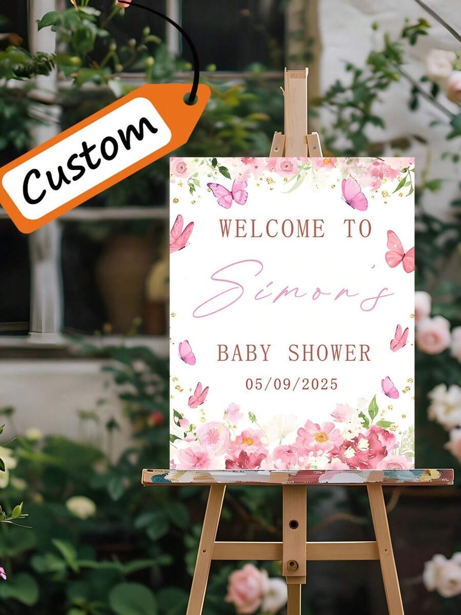 1 tấm bảng trang trí hình bướm và hoa màu hồng mộng mơ tùy chỉnh, bảng chào mừng em bé sơ sinh, đồ dùng trang trí tiệc mừng em bé chào đời - Món quà sinh nhật/đám cưới hoàn hảo - Nhiều màu - Xem 1