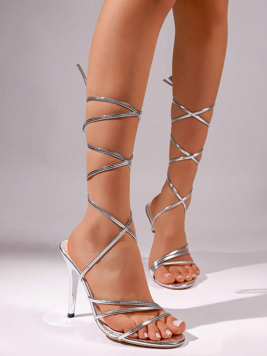 1 Pair Silver PU Leather Criss-Cross Strap 10CM High Heel Sexy Roman Sandals, Beach/Nightclub Style, Summer Party - Silver - View 1
