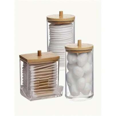 3件装棉签收纳盒，浴室台面收纳盒，10/7盎司棉球/棉签分配器，木质盖式收纳盒，适用于浴室收纳