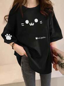 女士休闲宽松圆领卡通猫咪字母印花短袖T恤，夏季 - 黑色 - 查看 2