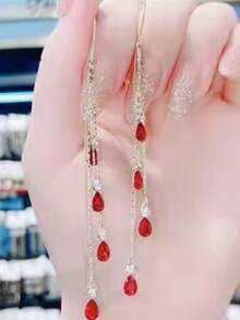 1 Pair Red Teardrop Earrings With Long Tassel, Korean Elegant Sparkling Earrings That Flatter The Face, Anti-Lost Earring Pendant - Red - View 6