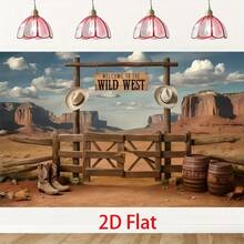1pc Vintage Western Ranch Scene Backdrop Banner Decoration, Includes Wooden Fence, Cowboy Hat, Barrel And Desert Canyon Elements, 2D Printed In Rugged Retro Style, Suitable For Western Theme Party, Farm Theme Event, Halloween Costume And Photography Background, Outdoor Party Decor, Photo Booth Backdrop, Vintage Ranch Decor Banner, Holiday Celebration Decoration For Yard, Entrance, Porch, Welcome Background - B - View 3