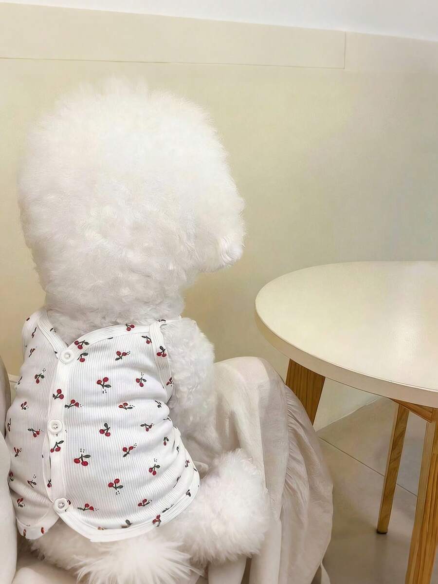 可爱樱桃印花狗狗背心 - 柔软弹力纽扣宠物背心，适合小型和中型犬猫，春夏轻薄透气服装