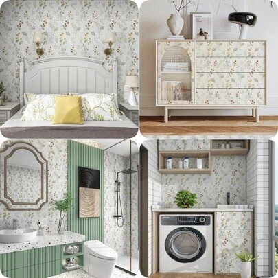 1卷植物鸟类花卉PVC壁纸，清新自然风格，家居装饰壁纸，适用于卧室、餐厅、宿舍、家具翻新，可移除可重复使用，17.7英寸 x 39.3英寸/118.1英寸/196.8英寸