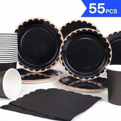 Black & Gold Floral Disposable Plates, Napkins, Cups - One-Time Party Set For 10 Guests, Disposable Paper Plates Suitable For Birthday, Wedding, Theme Party, Family Picnic
