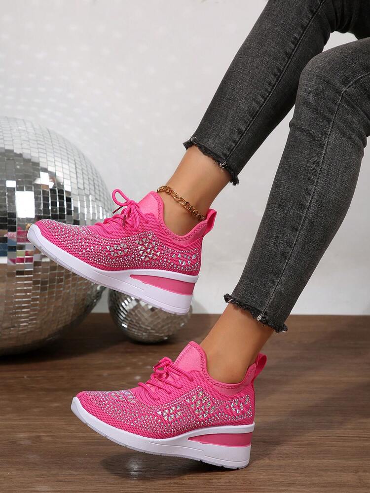 女士新款运动风系带水钻户外坡跟厚底休闲运动鞋，透气舒适跑步鞋，户外旅行鞋，四季皆宜 - 玫紅色 - 查看 4