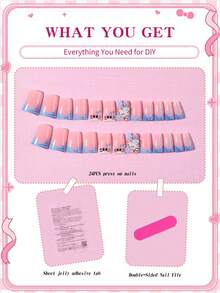 SANRIO 24片Y2K中号鸭子白蓝法式贴片美甲，可爱3D蝴蝶结、珍珠、水钻和花朵设计，粉嫩少女风，完美贴合假指甲套装，包含1片果冻胶和1个指甲锉，适合女性和女孩日常及派对使用。 - 彩色 - 查看 4
