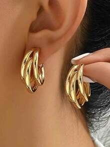 Pendientes de aro trenzados multicapa con diseño geométrico circular dorado de para el comercio transfronterizo, diseño minimalista y versátil de moda - Amarillo Oro - Ver 5