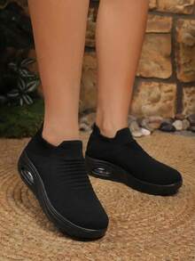 Women's All Black Casual Sneakers, Cushioned Slip-On Knit Sock Shoes, Comfortable Dancewear - Black - View 3