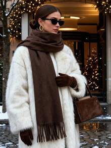 Plain Winter Thick Pashmina Scarf 225g With Fringe Unisex - 咖啡棕 - 查看 1